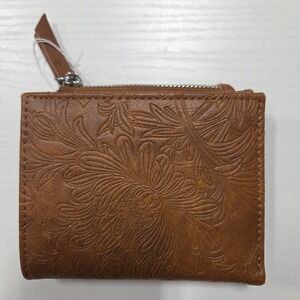 Brown Floral Embossed Bifold Wallet with ID Window and Zipper Coin Pocket